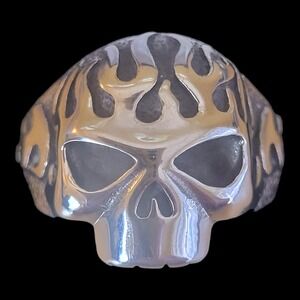 Men's Biker Ring Stainless Steel Flaming Skull Size 13